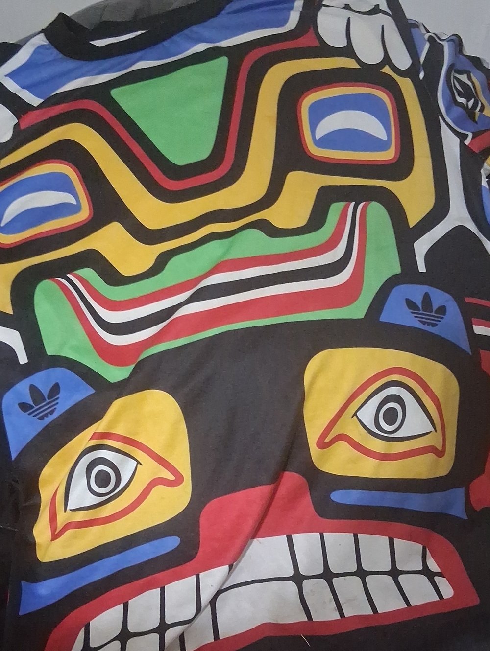 adidas Totem Shirt Black Tee with Bold Multicolor Tribal Face Graphic